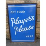 A 'Get Your Player's Please Here' rectangular enamel sign within wooden frame, 22 x 34".