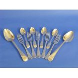 19thC silver Flatware, including five dessert forks, London, 1845, five fiddle pattern teaspoons,