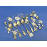 A quantity of 19thC silver flatware, including William IV sugar nips, hallmarked Exeter, 1833; seven