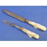 A Victorian ornate mother-of-pearl handled silver Serving Knife and Fork, by Harrison Bothers &