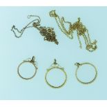 Three 9ct yellow gold Coin Mounts, together with a 9ct yellow gold trace chain and another chain