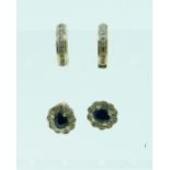 Two pairs of 9ct yellow gold Earrings, one set oval sapphire and diamond points, the other small