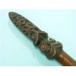 A Maori long club fighting staff, Taiaha, New Zealand, circa 19thC, with carved decoration, 56¼in (