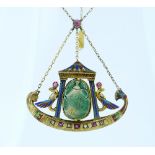 An attractive Pendant, in Egyptian Revival style, formed of a boat with a temple in the centre set