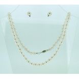 A single strand of uniform cultured Pearls,  66 pearls, with silver snap together with a pair of