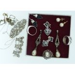 A collection of Jewellery , including silver brooches, ringsmarcarsite and faux pearl drop