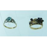 Five Rings, two mounted in 9ct yellow gold, one with garnet and cultured pearls,one with zircon, two