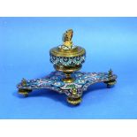 A 19thC French Champlevé Encrier / Inkstand, the vase-shaped pot with hinged lid and butterfly