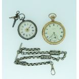 A continental silver Pocket Watch, marked "935", with engraved case, together with a gold-plated