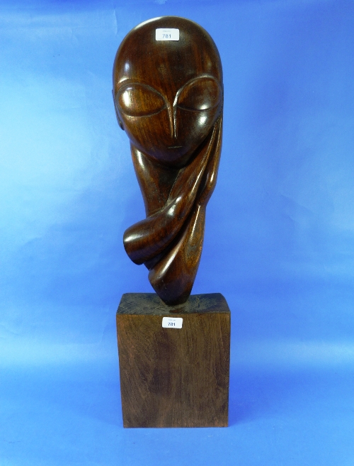 A contemporary elm carving of the Head of Woman, of stylized elongated form on a block base, 32in (