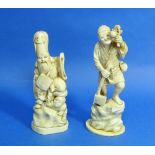 A Japanese carved ivory figure of a Labourer, standing on a rock and holding an axe, repairs to hand