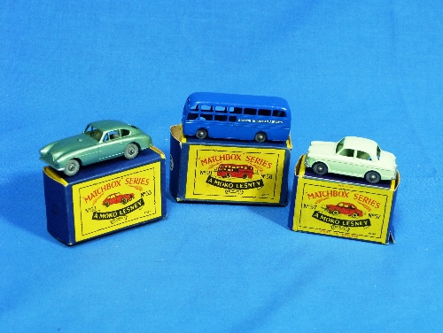 Matchbox Moko Lesney No.53 Aston Martin, metallic green, boxed, together with No.57 Wolseley 1500,