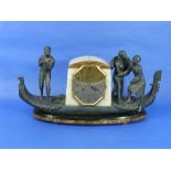 A French Art Deco marble and spelter 'Gondola' Mantel Clock by Sega, the clock with octagonal gilt