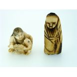 A 19thC Japanese ivory Netsuke, carved as a woman seated beside a frog, holding a leaf between them,