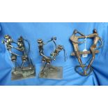 A modern bronze figural group, together with a pair of 'nuts & bolts' figural sculptures (3)