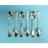 A Victorian silver set of five fiddle pattern Teaspoons, hallmarked Exeter, 1854, the handles with