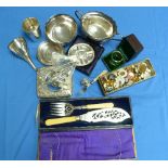 A quantity of silver and silver plate, including a Georgian silver wine funnel, lacks strainer,