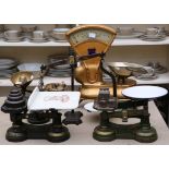 Five various vintage shop scales and sets of graduated weights, including Bell weights, Siddons cast