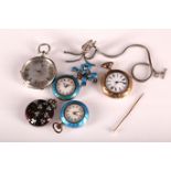 Three ladies coloured enamelled fob watches, two other fob watches, a silver chain and a gold? tie