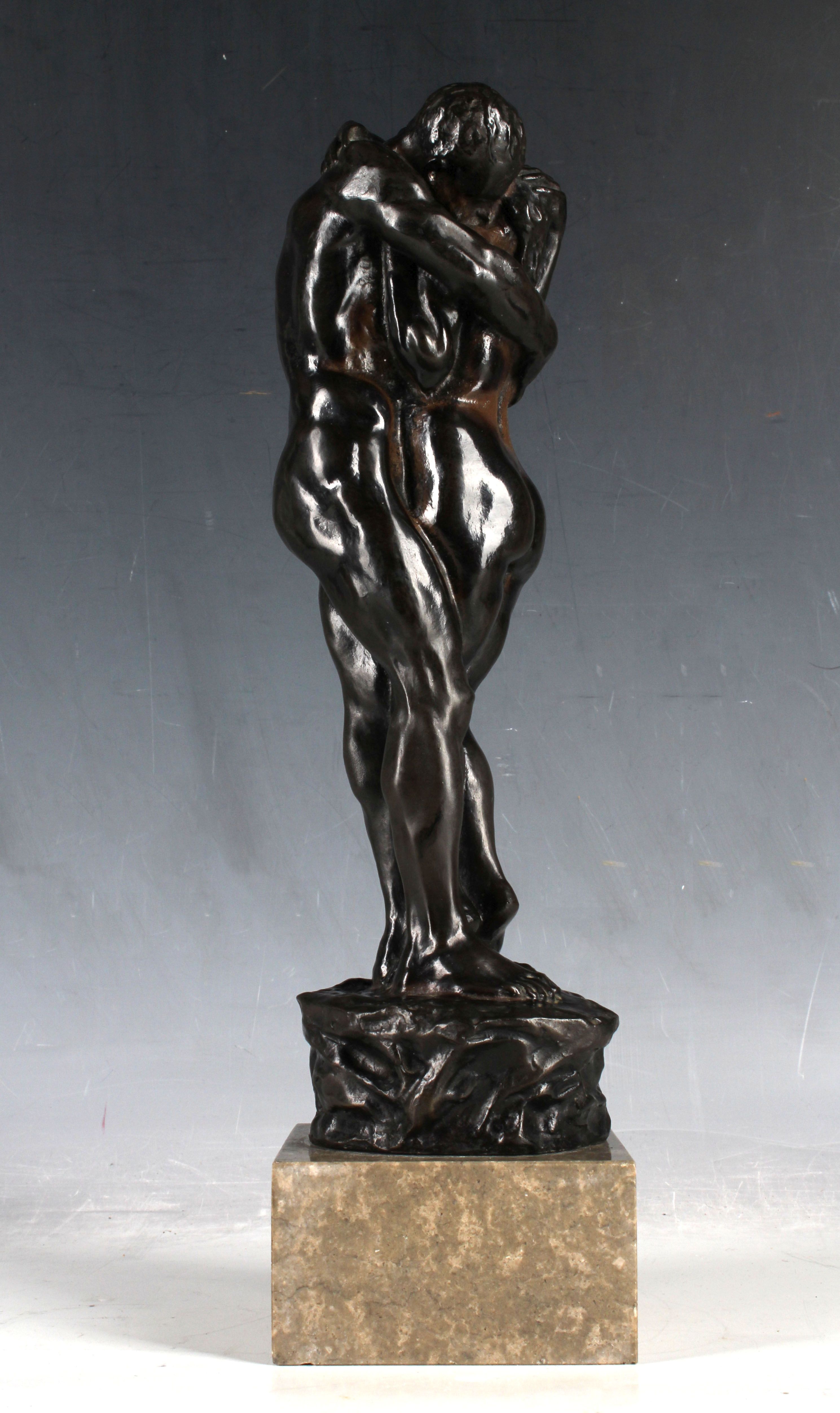 After Charles Sykes, bronze, 'Adam & Eve', on marble socle, 35cm.