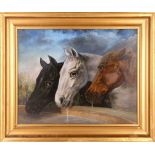 T.W. Peake, 1902, study of three horses drinking, oil on tin, picture size 38.5 x 49cm, giltframed.