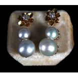 A pair of gold floral design diamond stud earrings, together with four pearl earrings.