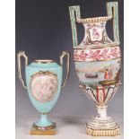 A Meissen twin-handle urn, acanthus gilded leaf, ribbon framed panel with cherubs to both sides,