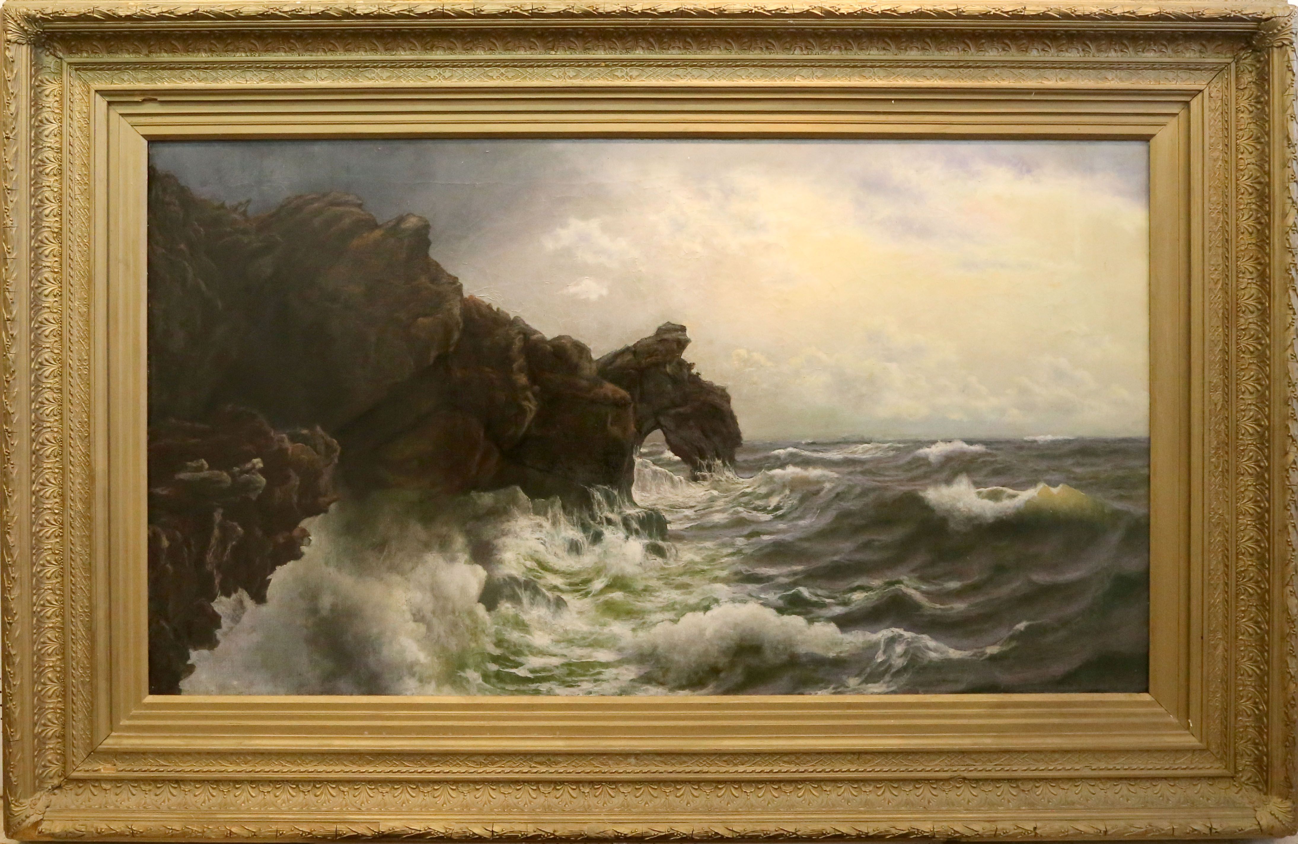 Lindon Partridge, a large oil on canvas, sea scape, a rocky shoreline, signed and dated 1885, 72 x