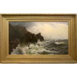 Lindon Partridge, a large oil on canvas, sea scape, a rocky shoreline, signed and dated 1885, 72 x
