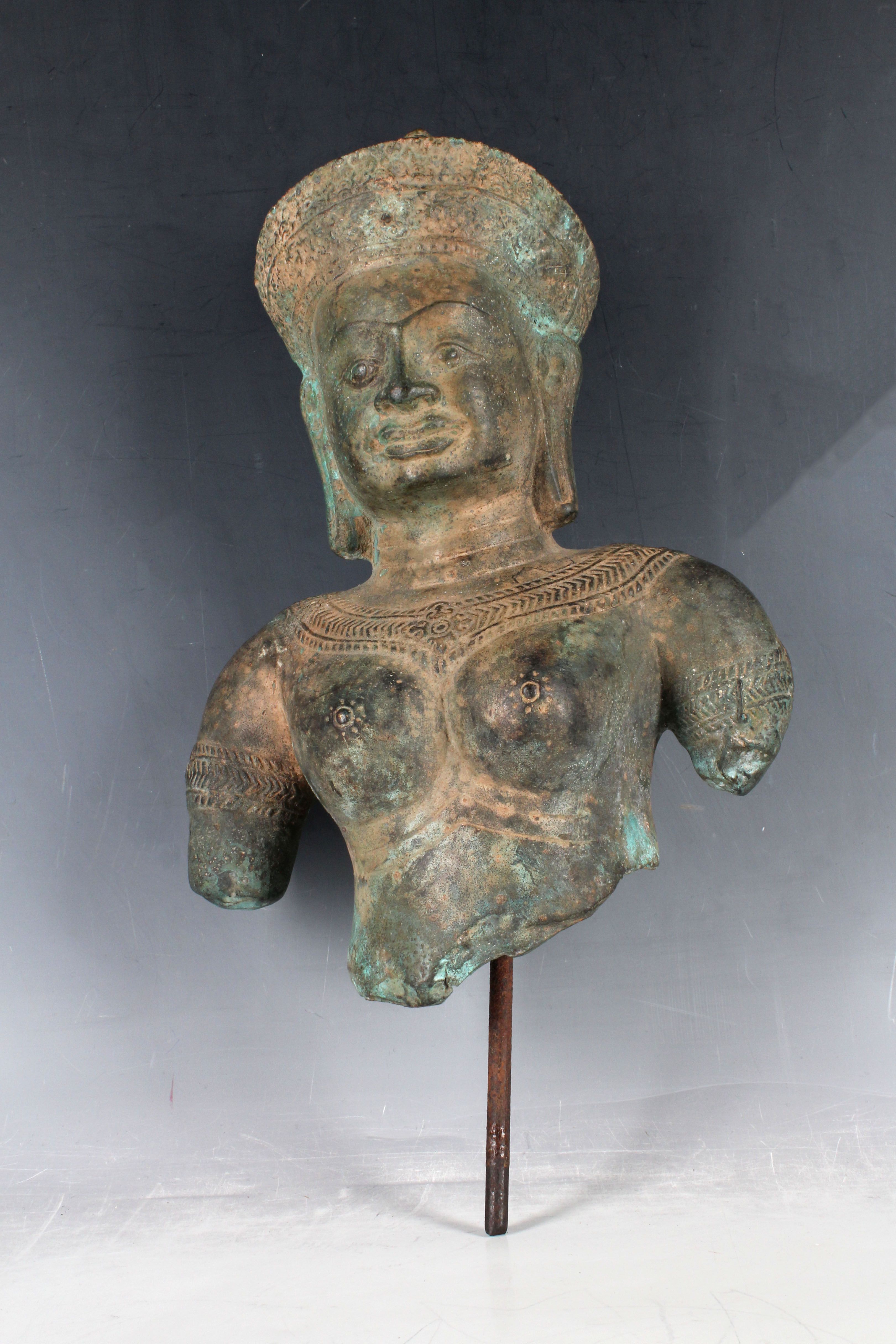 After the Antique, bronzed bust of an ancient Goddess, possibly Cambodian.