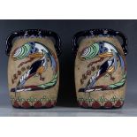 A pair of early 20th Century Austrian amphora pottery twin-handled vases, enamelled to one side with