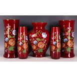 Italian / Persian style red glass vases, gilt trim, floral overlay decoration, tallest 27.2cm H. (5)