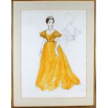 Carl Toms (1927-1999), watercolour and pencil, design for Princess Margaret's ball gown in yellow,