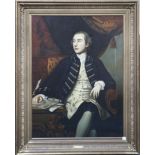 An English provincial antique style portrait of Warren Hastings seated at a carved table, 182 x