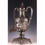 A 19th Century silver plated twin-handled ovoid hot water urn on socle and platform base.