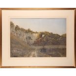 Samuel Poole (fl.1870-1880), a large watercolour study of a quarry face alongside a quiet river,