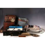 A large mixed collection of pottery, boxed cutlery, Tunbridge ware box containing loose dominos,