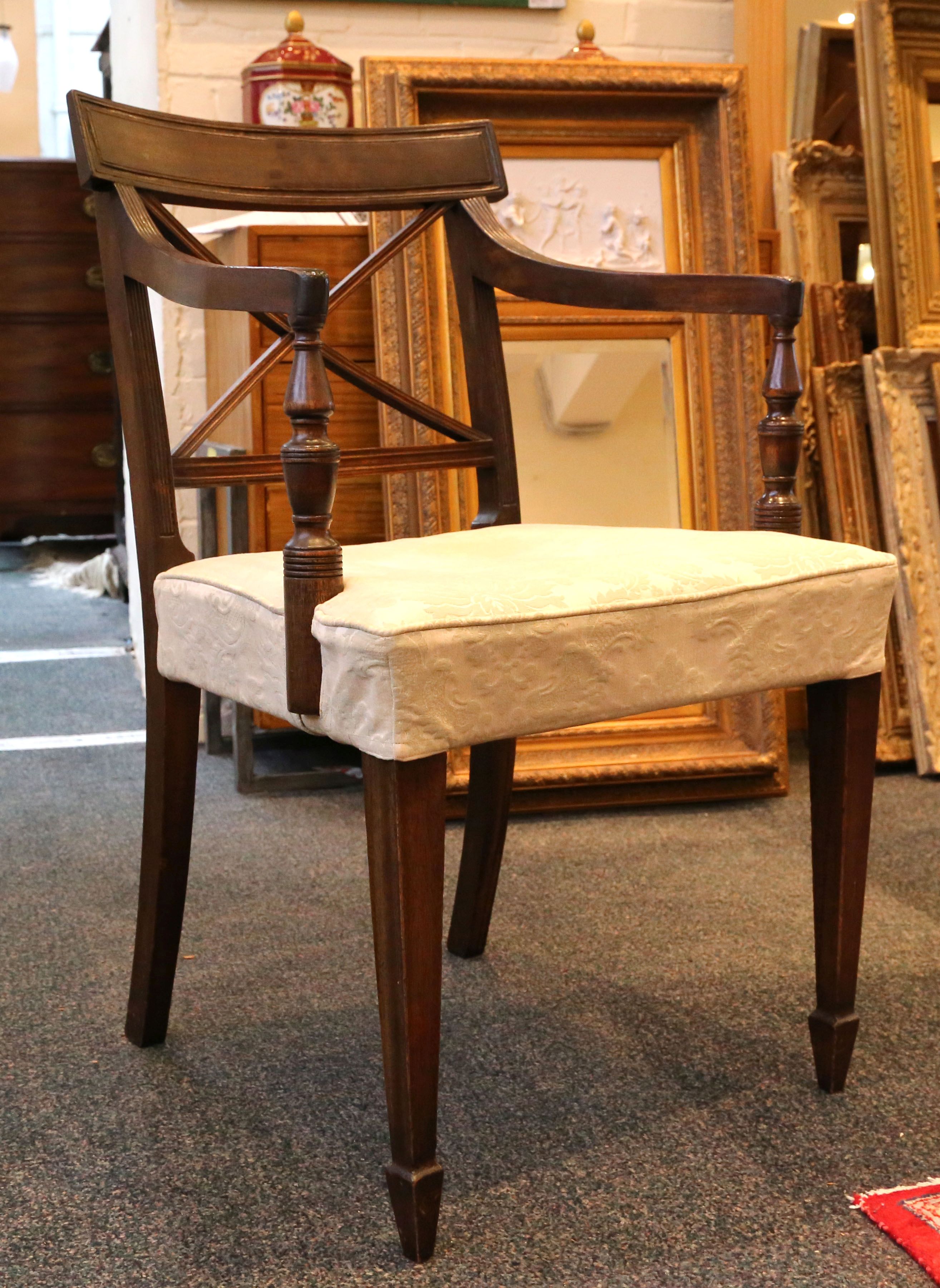 A set of seven Edwardian mahogany dining chairs, curved back 'X' form struts, supported on - Image 2 of 4