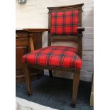 A pair of oak Art & Crafts open armchairs with tartan upholstery, sold together with a French walnut