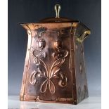 Scottish School, Arts & Crafts copper and brass log basket, embossed with McIntosh style flowering