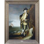 An 18th Century style full length portrait of Commodore Harvey leaning on an anchor, 123 x 92cm,