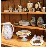 A French tazza, bowl and plates in various fruit patterns, rose decorated ewer, cherub mirror and