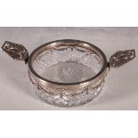 Carl Fabergé, Russian silver mounted cut glass bowl, with pierced and chased displayed swan handles,