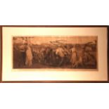 A large late 19th Century black and white etching, depicting harvest scene, after Pre-Raphaelite,