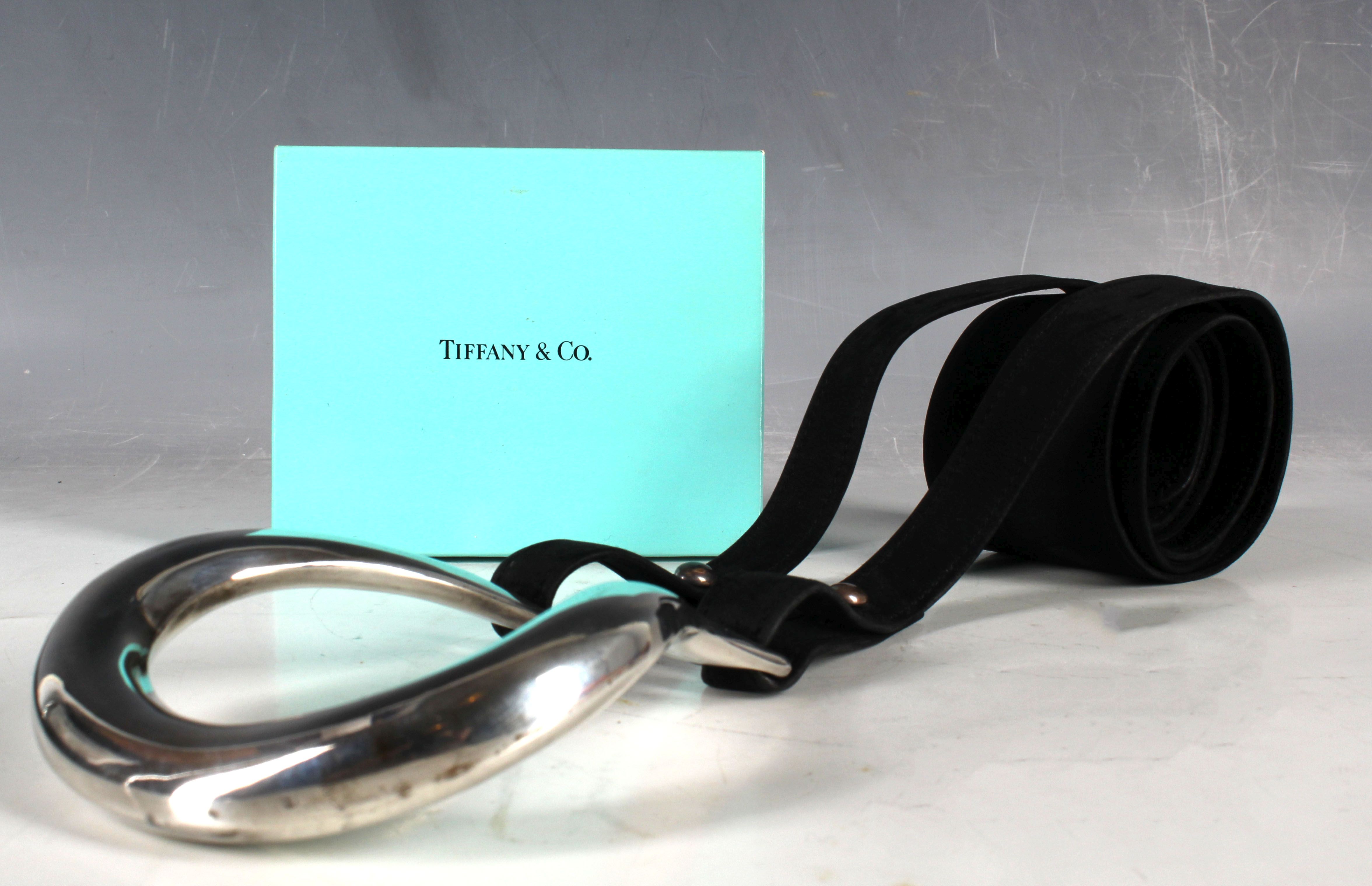 A Tiffany & Co, Elsa Peretti equestrian belt, with .925 silver buckle and black suede belt.