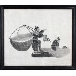 A pair of mid 20th Century Chinese black and white charcoal pressed pictures, depicting fisherman,