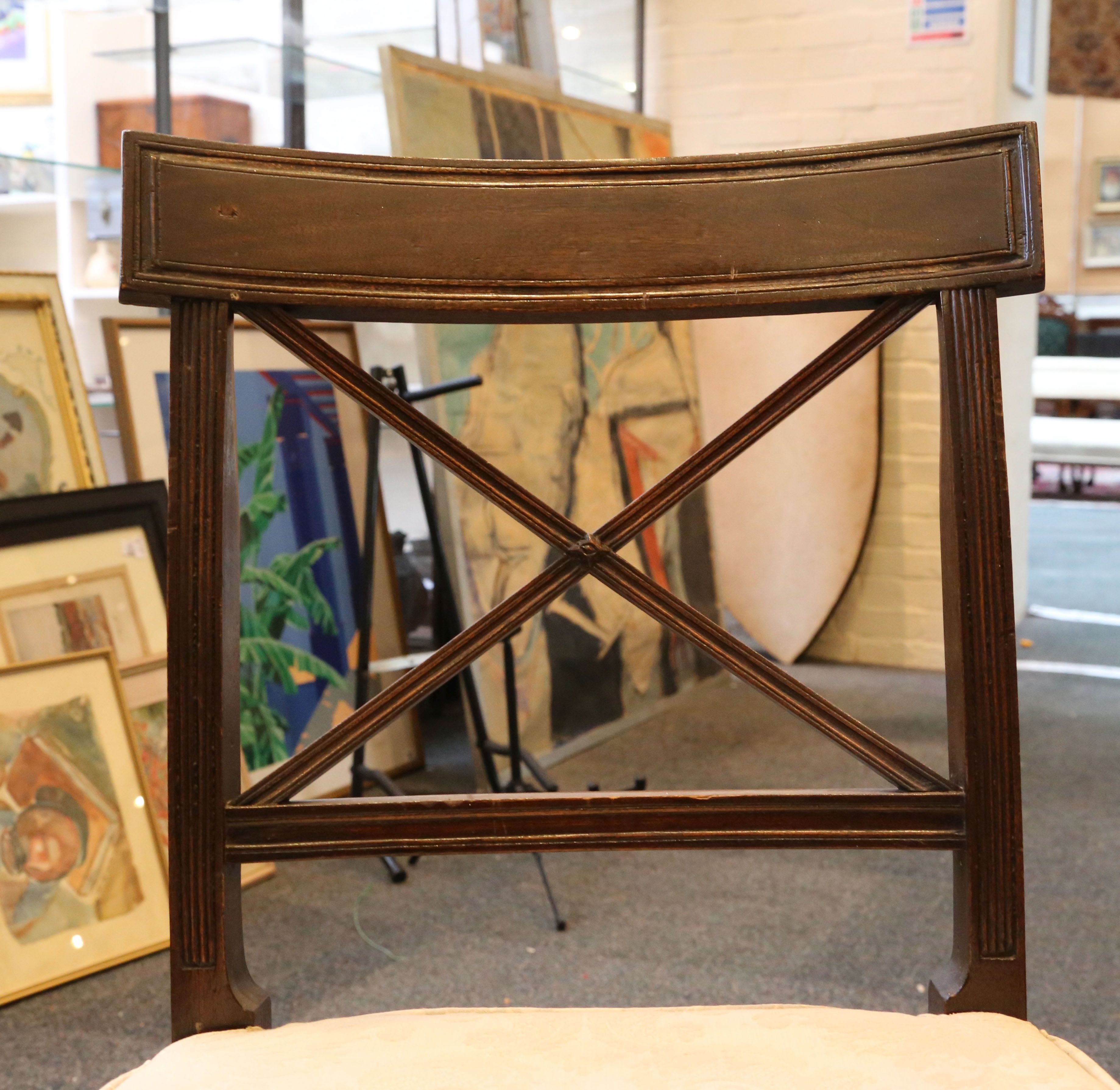 A set of seven Edwardian mahogany dining chairs, curved back 'X' form struts, supported on - Image 3 of 4