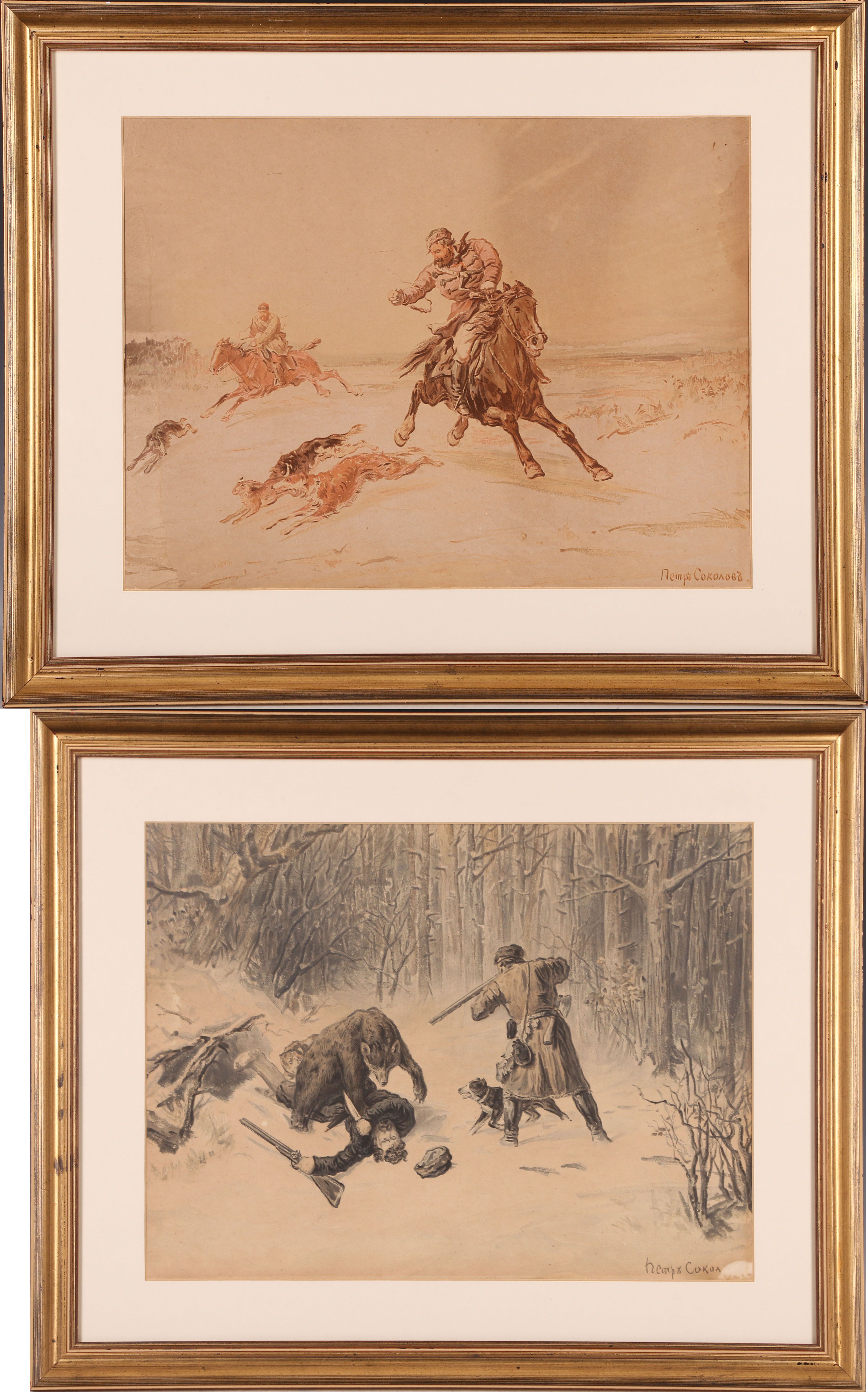 Piotr Piotrovich Sokolov (1821-1855, Russian), five hunting scenes, five colour and black and - Image 6 of 13