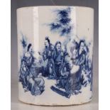 A Chinese brush pot, blue and white glaze, study of the eight immortals, inscription to reverse,