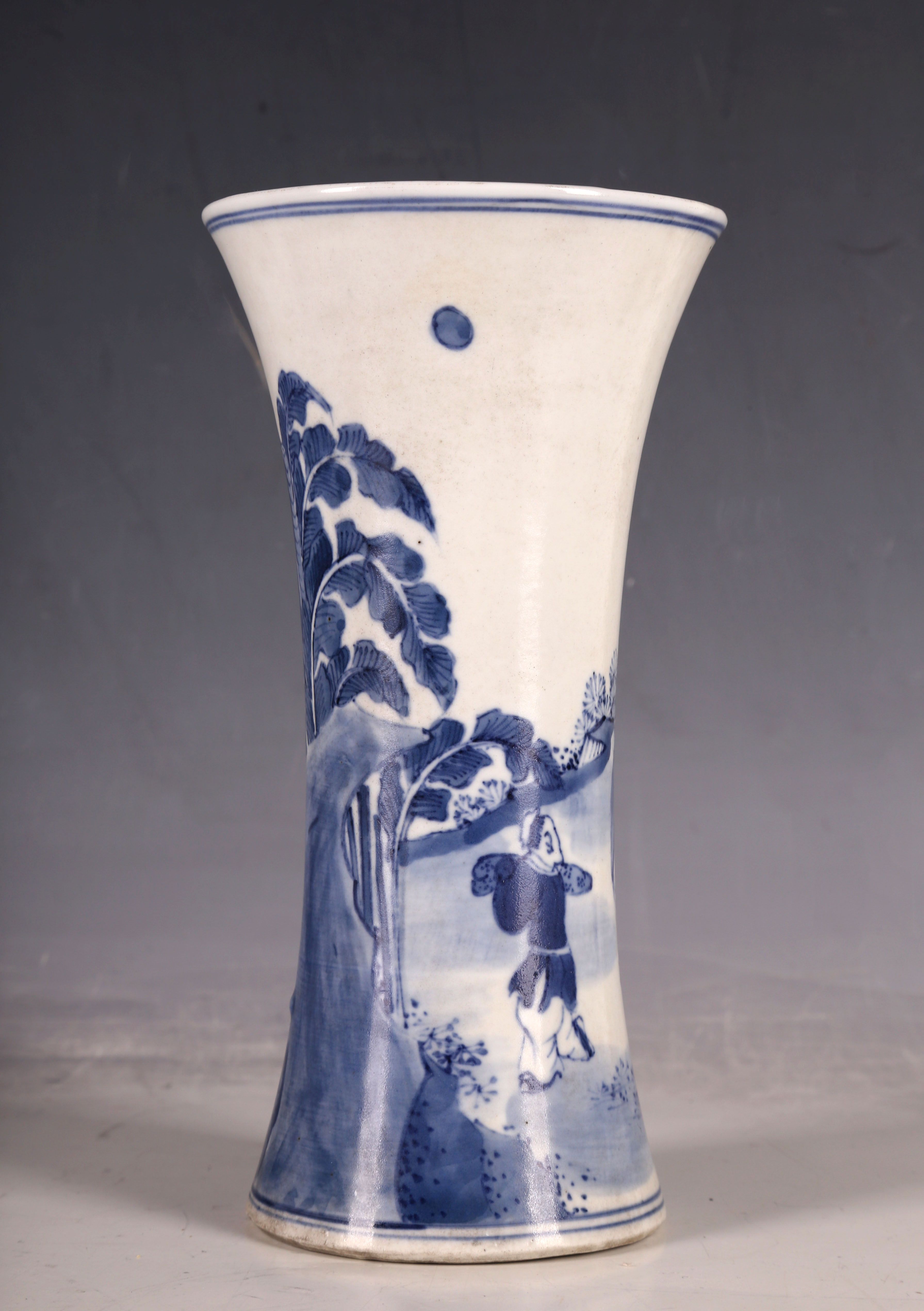 A Chinese vase, everted rim, blue glaze study of official with servants in the countryside, 18.3cm